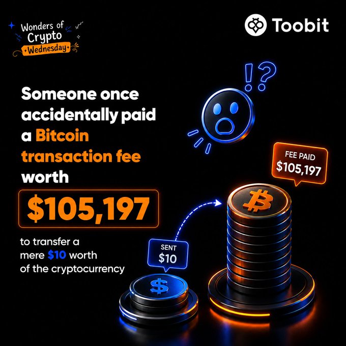 A Toobit "Wonders of Crypto Wednesday" infographic illustrates a shocked emoji between a small $10 Bitcoin stack ("SENT $10") and a towering stack ("FEE PAID $105,197"), visually emphasizing the viral story of an accidental Bitcoin transaction fee worth $105,197 to transfer just $10—matching the post's warning about one extraordinarily expensive click.