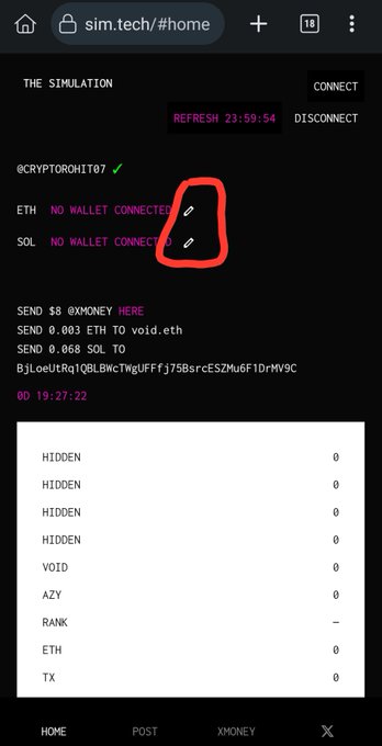 A mobile screenshot of a website showing 'sim.tech/#home' displays crypto-related text including '@CRYPTOROHIT07', 'ETH NO WALLET CONNECTED', 'SEND $8 @XMONEY HERE', and 'SEND 0.003 ETH TO void.eth', with a red hand-drawn circle highlighting edit icons.