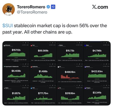 The image features a screenshot of a webpage with various charts, graphs, and numbers surrounding the title "Sui stablecoin market cap is down 56% over the past year." The text suggests that the majority of people have stopped reading or paid attention to something else on the page. The context seems to be related to the crypto community and their sentiment towards Sui's performance in the cryptocurrency world.