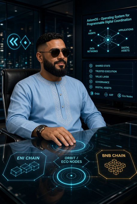 A bearded man in sunglasses and a blue embroidered shirt sits at a high-tech desk featuring holographic blockchain interfaces labeled 'ENI CHAIN', 'ORBIT / ECO NODES', and 'BNB CHAIN', with an 'AxiomOS' operating system display behind him.