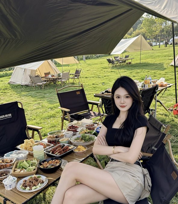 The image shows a woman sitting under an open tent, surrounded by various food items such as bowls of different sizes placed on tables. The setting appears to be outdoors with chairs and dining tables arranged for a meal or picnic. The scene suggests that this could be a camping trip where people are enjoying their time together while eating and socializing in the great outdoors.