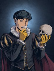 The image depicts a stylized illustration of Shakespeare holding a skull, evoking his famous contemplation in "Hamlet." 

This ties to the post's theme of resilience and ignoring critics, as Hamlet's "Alas, poor Yorick" moment reflects the idea of enduring beyond fleeting doubt—just as the poster urges letting work speak louder than the noise of detractors who once doubted Armani Ferrante and the Mad Lads project.