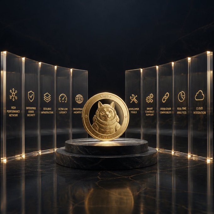 A promotional graphic for SHIB cryptocurrency featuring a gold coin with a dog in a spacesuit on a marble pedestal, surrounded by transparent panels listing features like 'HIGH PERFORMANCE NETWORK', 'SECURITY', 'DECENTRALIZED ARCHITECTURE', and 'CLOUD INTEGRATION'.