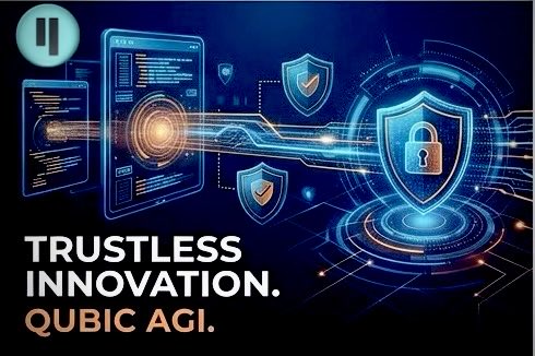 A futuristic tech graphic featuring digital code streams, shield icons, and padlocks, with text reading 'TRUSTLESS INNOVATION. QUBIC AGI.'