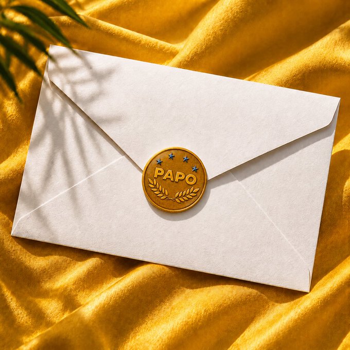 A white envelope sealed with a gold wax stamp reading 'PAPO' surrounded by stars and a laurel wreath, resting on golden satin fabric.
