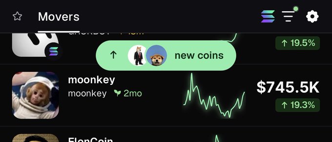 A mobile app screen displays a crypto 'Movers' list with 'new coins' highlighted, featuring 'moonkey' at $745.5K (up 19.3%) and another coin up 19.5%.