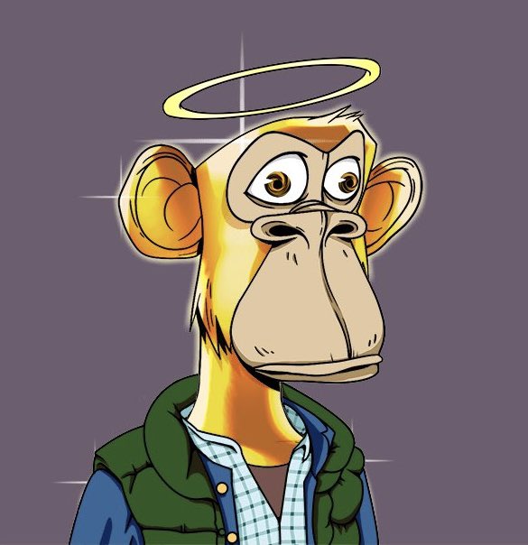An illustrated cartoon monkey wearing a halo, vest, and plaid shirt.