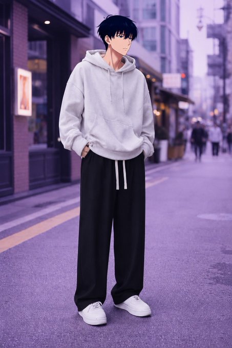 An anime-style illustration of a young man with black hair wearing a white hoodie and black sweatpants, standing on a purple-hued city street.