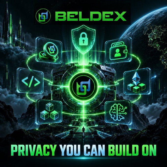 A promotional graphic for 'BELDEX' featuring green neon-styled icons representing security, crypto, identity, coding, Ethereum, AI, and data, with the tagline 'PRIVACY YOU CAN BUILD ON.'