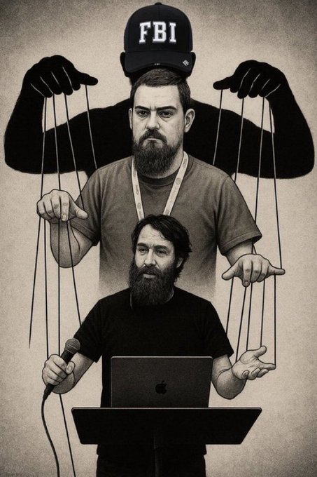 A political illustration showing a bearded man at a laptop with a microphone being manipulated like a marionette by a shadowy FBI figure wearing a cap, symbolizing government surveillance/control.