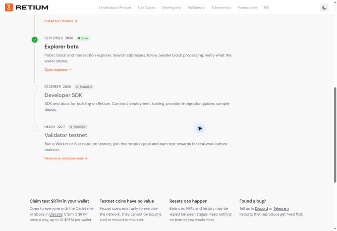 The image shows Retium's roadmap webpage featuring a timeline of project milestones, including "Explorer beta" (live since September 2020), "Developer SDK" (planned December 2020), and "Validator testnet" (planned March 2027), with notes below about claiming test $RTM, testnet coin limitations, and balance resets. This relates to the post by highlighting the live explorer beta tool that lets testnet users verify transactions publicly, while reminding users that balances may reset between stages and that preserving transaction hashes helps when reporting bugs.