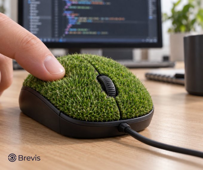 A person's finger clicks on a unique computer mouse covered in artificial green grass, sitting on a wooden desk in front of a monitor displaying code, branded with a 'Brevis' watermark.