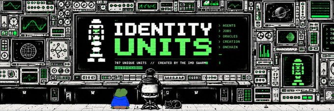A pixel-art style scene shows a figure sitting in front of a large computer terminal displaying 'IDENTITY UNITS', with menu options including 'AGENTS', 'JOBS', 'ORACLES', 'CREATION', and 'ONCHAIN'.