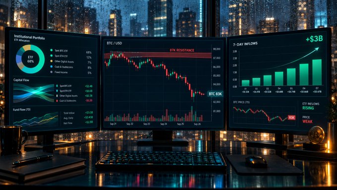A trader's multi-monitor setup displays cryptocurrency market data, featuring a central BTC/USD chart showing price dropping from 87k resistance toward 83k support, flanked by panels tracking institutional portfolio allocation (68% BTC), capital flows, and 7-day ETF inflows reaching +$3B, visually illustrating the post's point about record ETF inflows offsetting Bitcoin's price weakness.
