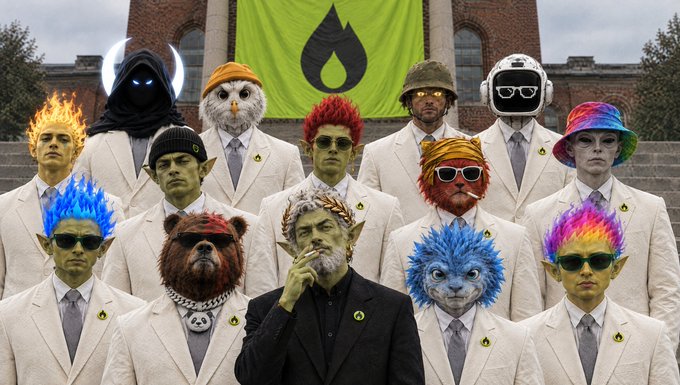 A group of figures in white suits with various surreal heads (flame head, werewolf, blue creature, etc.) standing in front of a brick building with a green banner displaying a black flame logo.