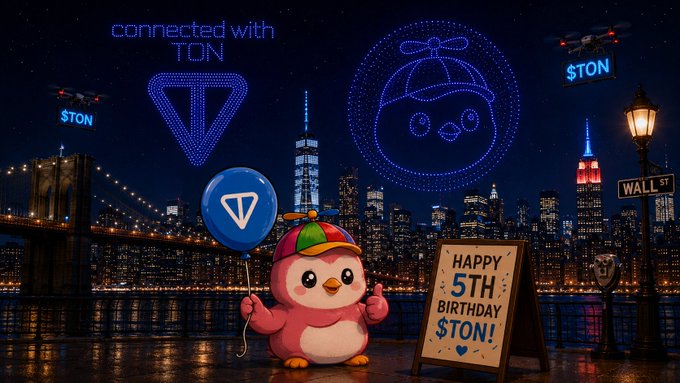 The image features a cartoon penguin standing next to a sign that says "Happy 5th Birthday $TON!". The penguin appears to be holding balloons, which are blue and white. In the background of the image, there's a city skyline with buildings lit up at night. The text on the post reads "connected with TON", indicating that the image is related to the TON blockchain project or cryptocurrency.