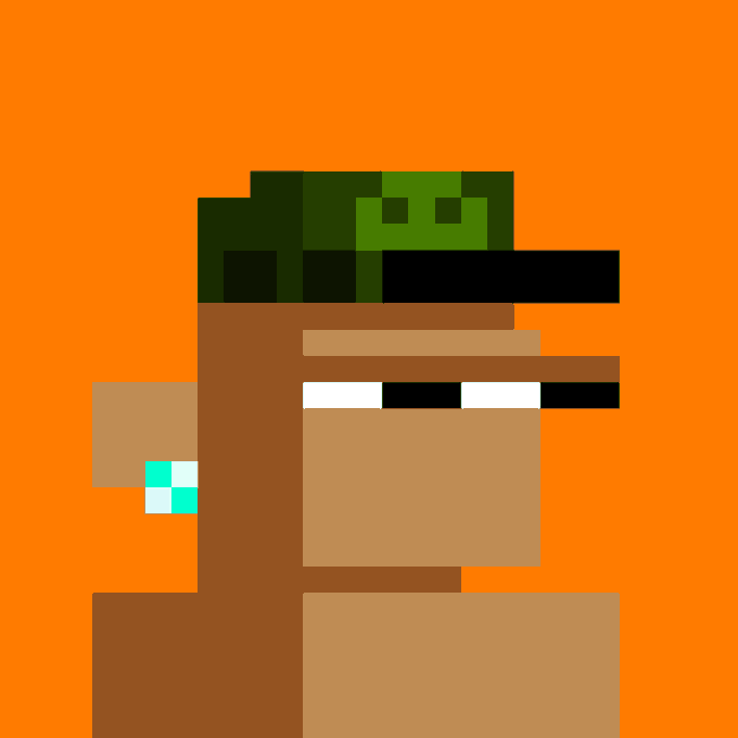 Pixel art of a character with brown skin, a white headband, and a green hat against a solid orange background, featuring a small diamond icon on the side.