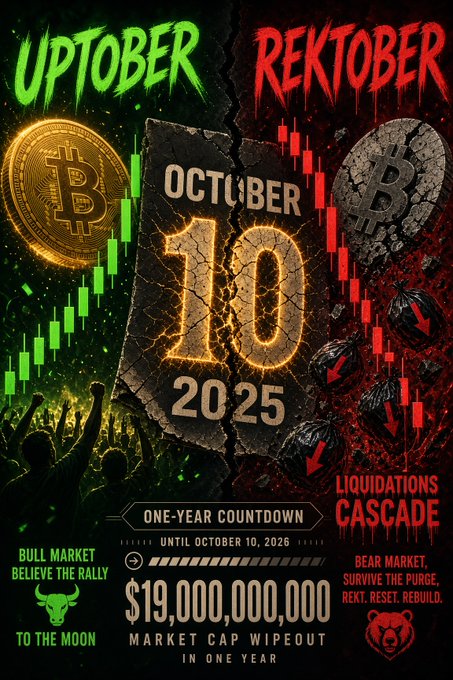 Crypto market meme graphic titled 'UPTOBER vs REKTOBER' with date 'OCTOBER 10, 2025', depicting a $19,000,000,000 market cap wipeout with green bull imagery ('TO THE MOON') and red bear imagery ('LIQUIDATIONS CASCADE').