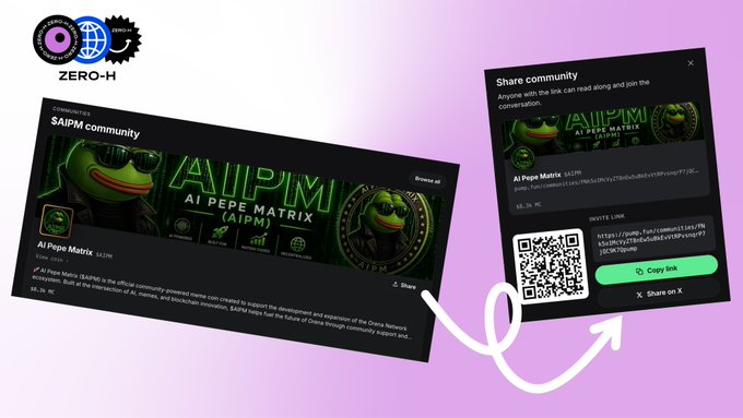 The image shows a "Zero-H" platform promoting the "Ai Pepe Matrix (AIPM)" community on the SAIPM community page, featuring Pepe Matrix branding and a shareable link with a QR code. It illustrates the post's pitch of driving real share actions and retail attention to coin pages via a community-sharing tool.