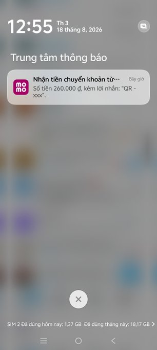 A smartphone screenshot showing the time 12:55 on Thursday, August 18, 2026, with a notification from MoMo about a successful money transfer of 260,000 d.