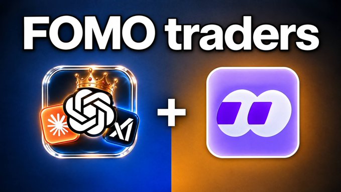 The image is a YouTube thumbnail titled "FOMO traders" that displays a cluster of AI app icons (ChatGPT, Claude, and others) alongside the purple FOMO app logo, illustrating the tutorial's concept of combining multiple AI tools with the FOMO trading app to profit from memecoins.