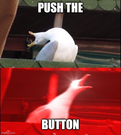 Two-panel meme with a white duck showing text 'PUSH THE' on top and the same duck glowing red with a bright light from its head with text 'BUTTON' below, from imgflip.com.