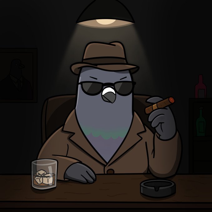 A cartoon illustration of a pigeon dressed as a detective, wearing a fedora hat, sunglasses, and trench coat, smoking a cigar while sitting at a table with a glass of whiskey.