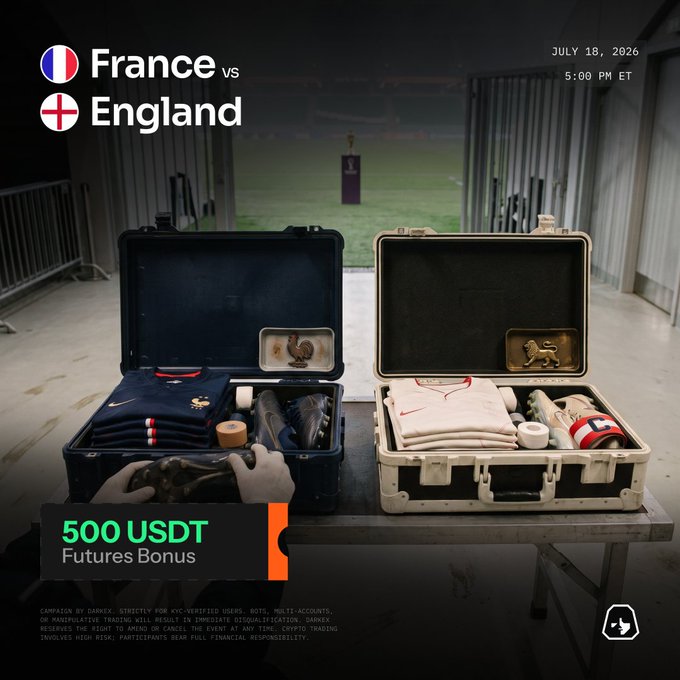 A Darkex promotional graphic for the France vs England Third-Place Playoff (July 18, 2026, 5:00 PM ET) features two open team cases displaying France's rooster emblem and England's lion crest alongside jerseys and gear, with a "500 USDT Futures Bonus" banner advertising a prediction contest for the match.