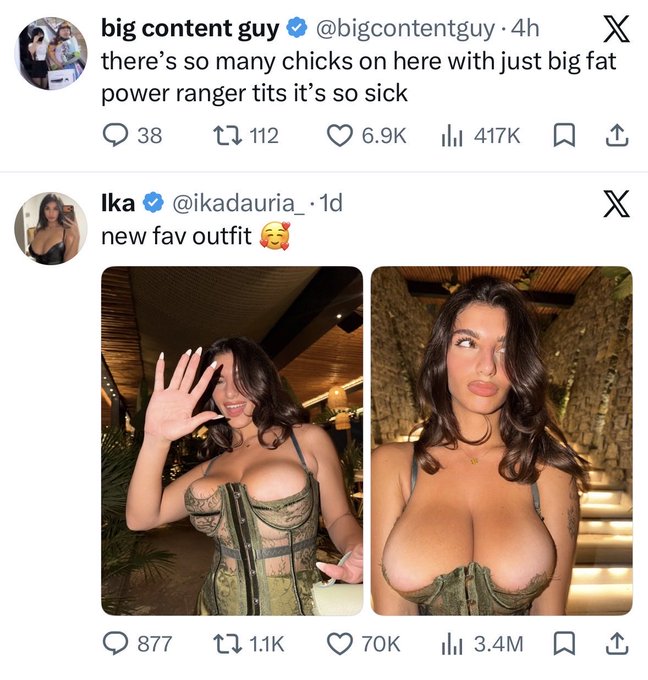 A Twitter user named "big content guy" makes a crude comment about women's bodies, followed by a post from "Ika" showcasing her "new fav outfit." The former post can be seen as an "algo" driven aggregation of content that the latter tweet exemplifies.