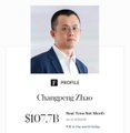 A profile card shows Changpeng Zhao ("CZ"), the founder of Binance, with his name and the ticker $107.7B displayed prominently, representing his reported net worth. The image reinforces the post's claim that CZ's wealth has surpassed Bill Gates', suggesting the financial success of crypto business ownership.
