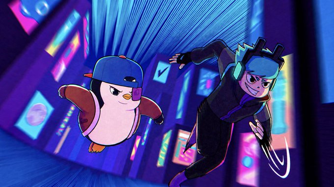 A character with teal hair and headphones runs alongside a penguin wearing a baseball cap through a neon-lit hallway with vibrant screens, conveying a high-energy vibe. The image's dynamic, fast-paced motion visually represents the excitement and urgency of the upcoming @PoweredByVolt mint on Robinhood.
