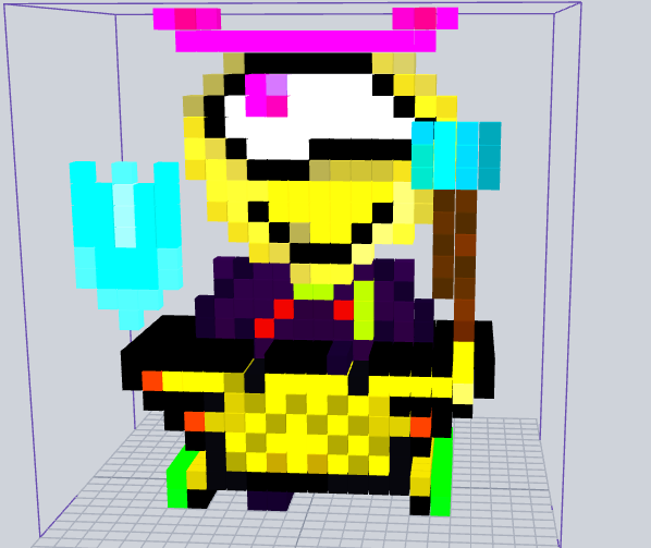 A voxel-style 3D digital sculpture of a yellow character wearing a purple jacket and a pink headpiece, holding a glowing blue trident.
