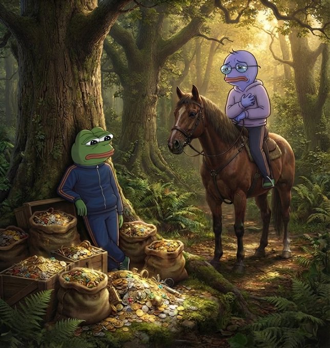 An illustration depicting Pepe the Frog in a blue tracksuit sitting by sacks of treasure and coins in a forest, while a sad-looking Wojak character sits on a brown horse beside him.