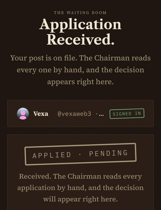 A dark-themed confirmation page titled 'THE WAITING ROOM' with the headline 'Application Received,' showing user 'Vexa @vexaaweb3' signed in and a status of 'APPLIED · PENDING.'