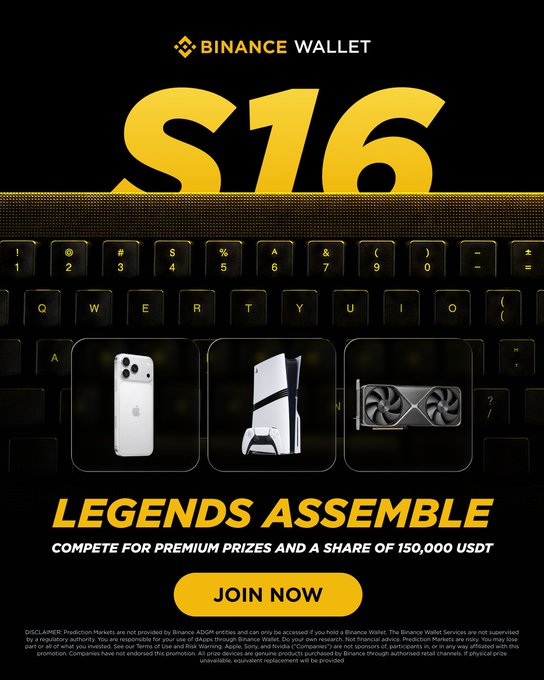 A Binance Wallet promotional banner for the "S16: Legends Assemble" competition features a large yellow "$16" graphic over a keyboard background, showcasing premium prizes including an iPhone, PlayStation 5, and RTX 5080 graphics card, with text advertising a share of "150,000 USDT" prize pool and a "JOIN NOW" call-to-action.