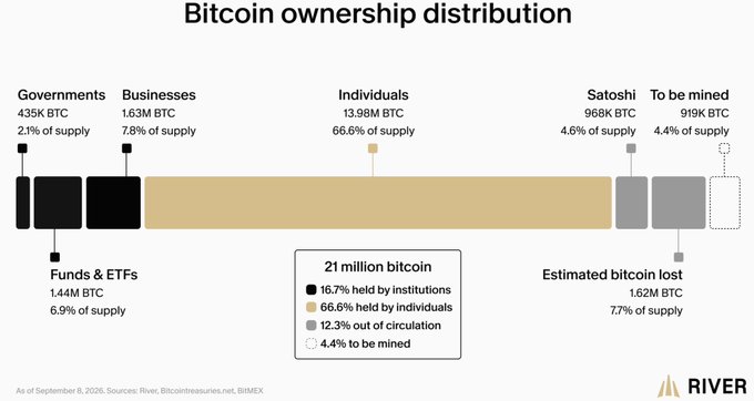 An infographic titled 'Bitcoin ownership distribution' showing the breakdown of the 21 million bitcoin supply, with individuals holding 66.6% (13.98M BTC), funds & ETFs holding 6.9%, businesses 7.8%, governments 2.1%, Satoshi 4.6%, estimated lost 7.7%, and 4.4% to be mined.