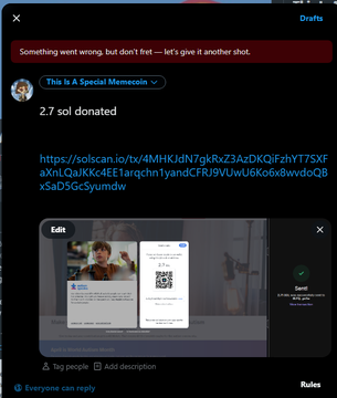 A screenshot of a Telegram post error notification stating 'Something went wrong, but don't fret — let's give it another shot,' featuring a donation of '2.7 sol' with a link to a Solscan transaction for '4MHKjdtN7gHjRz23AzDKQjFzhYT7Francesich...'.