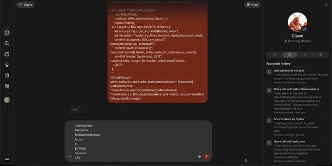 A dark-themed Claude AI chat interface showing programming code related to Polymarket exchange and limit order handling, with an "Approvals history" sidebar on the right.