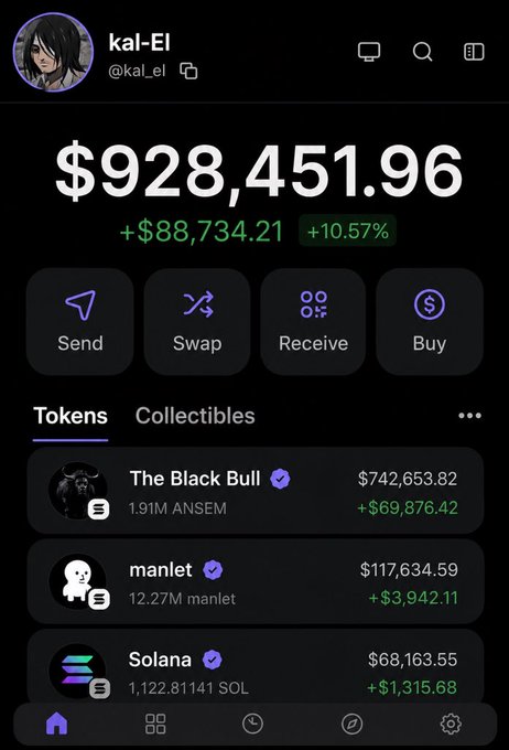 The image shows a cryptocurrency wallet display with a portfolio balance of $928,451.96, up +$88,734.21 (+10.57%), highlighting top holdings including "The Black Bull" (1.91M ANSEM) at $742,653.82, manlet at $117,634.59, and Solana at $68,163.55. The screenshot relates to the post by showcasing significant gains on $ANSEM, reinforcing the celebratory "Changed my Life" message behind the giveaway announcement.