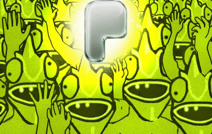 A vibrant green illustration featuring a central stylized 'P' logo surrounded by a crowd of cartoon creatures reaching upward.
