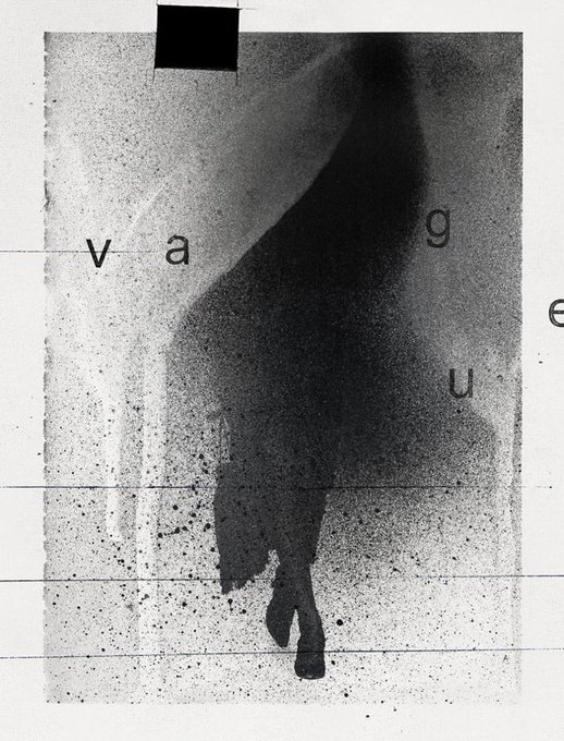 A black-and-white artistic image featuring a dark silhouette of a figure with the letters 'v', 'a', 'g', 'u', 'e' scattered across the composition in a minimalist, grungy aesthetic.