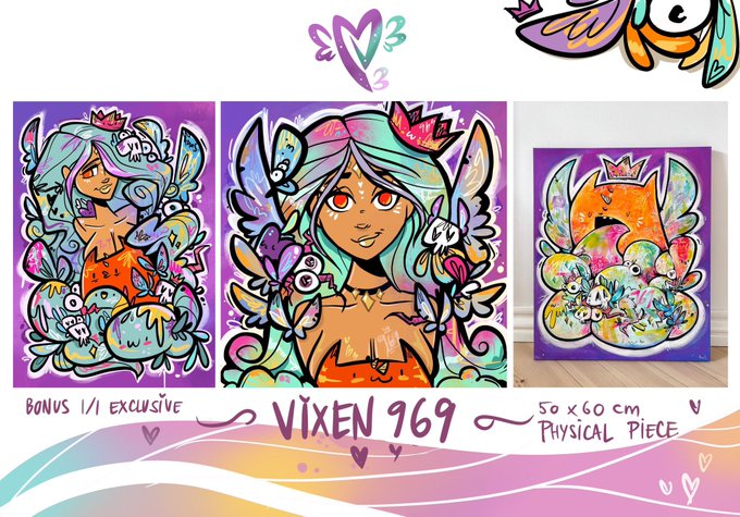 Promotional artwork for "VIXEN 969" showing colorful illustrations of a winged female character, noted as "BONUS 1/1 EXCLUSIVE" and a "50x60 cm PHYSICAL PIECE."