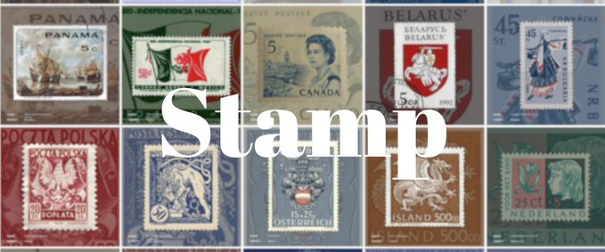 The image features a collection of postage stamps from various countries, including Canada, with the word "STAMP" prominently displayed at the top. The stamps are arranged in rows, showcasing their diverse designs and colors. The text "We're Proud to Announce Our Partnership With @stampworlds!" indicates that this is an advertisement or promotion for a stamp collection service. The post also mentions that there's a giveaway going on, encouraging people to follow the link provided to participate.