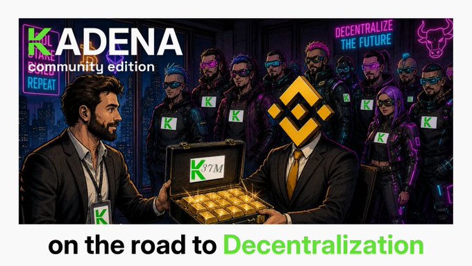 A vibrant cyberpunk-style illustration depicts a bearded man in a suit handing a briefcase filled with gold bars labeled "K 37M" to another suited figure, while a crowd of characters wearing sunglasses with the Kadena "K" logo stand behind them alongside a yellow Binance logo. The text reads "KADENA community edition," "DECENTRALIZE THE FUTURE," "REPEAT," and "on the road to Decentralization," visually representing the community's resistance to Binance's planned sale of 37 million KDA tokens that threatened the project's price stability.