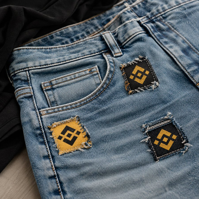 Close-up of light blue distressed denim featuring three embroidered patches with a stylized yellow and black geometric symbol.