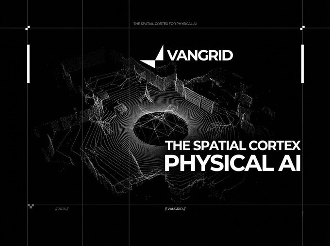 A dark promotional graphic for VANGRID featuring a wireframe topographical design with the text 'THE SPATIAL CORTEX FOR PHYSICAL AI' and 'THE SPATIAL CORTEX PHYSICAL AI'.