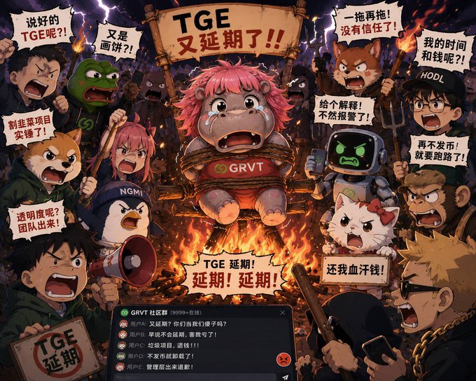 A chaotic cartoon meme illustration depicting angry community members surrounding a tied-up pink-haired character labeled 'GRVT', with Chinese protest signs complaining about TGE delays (TGE延期了!!) and demanding explanations.