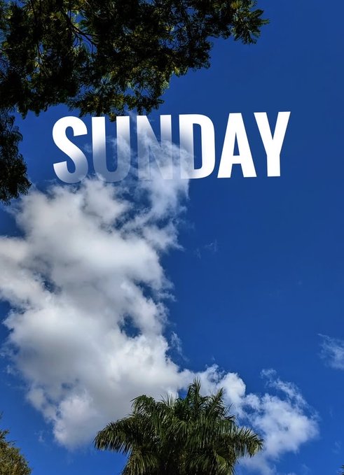 A view of blue sky with fluffy white clouds and tree tops, overlaid with bold white text reading 'SUNDAY'.