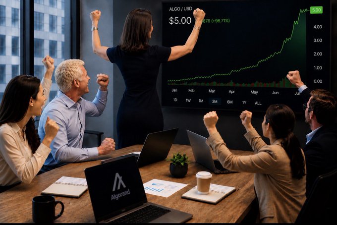 The image features a group of business people gathered around a table with laptops, chairs and cups arranged on the table. A woman stands near the center of the room, pointing towards an advertisement or presentation related to Algo trading. The attendees are actively engaged in the meeting, possibly discussing investment strategies or other financial topics.