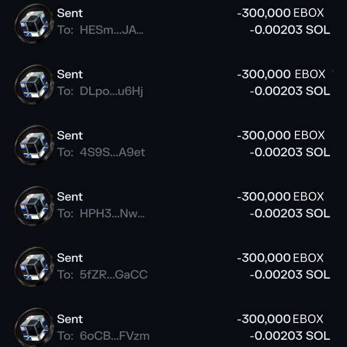 A dark-themed cryptocurrency transaction history showing multiple 'Sent' transactions of -300,000 EBOX and -0.00203 SOL each to various truncated wallet addresses.